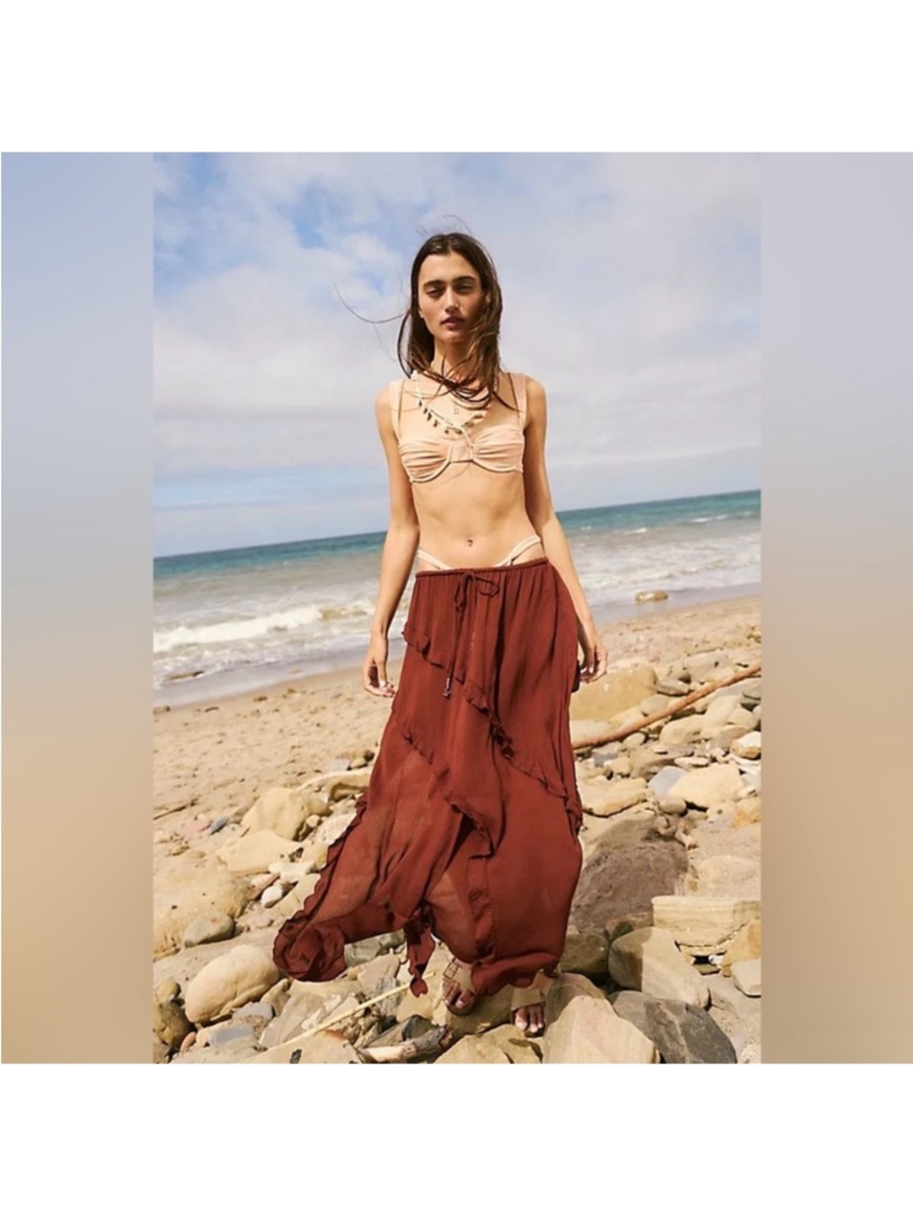 Free People Ambie Asymmetrical Ruffled Flowy Skirt in Chocolate Love, small - Picture 3 of 7
